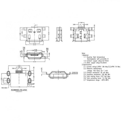 Micro USB 2.0 B type 5 Pin Connector